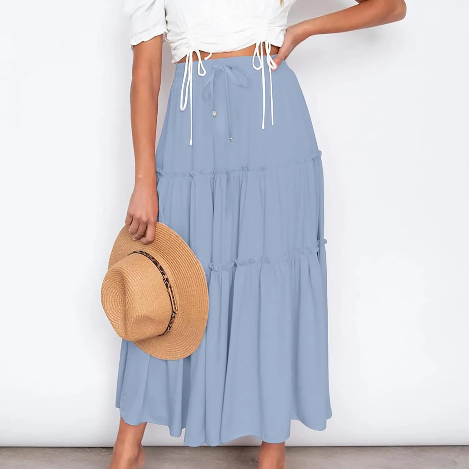Women High Waisted Maxi Skirt A-Line Pleated Midi Length Flowy Casual Long Skirts Business Work Skirts with Pockets