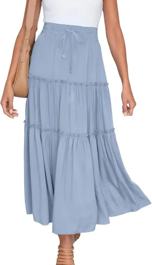 Women High Waisted Maxi Skirt A-Line Pleated Midi Length Flowy Casual Long Skirts Business Work Skirts with Pockets