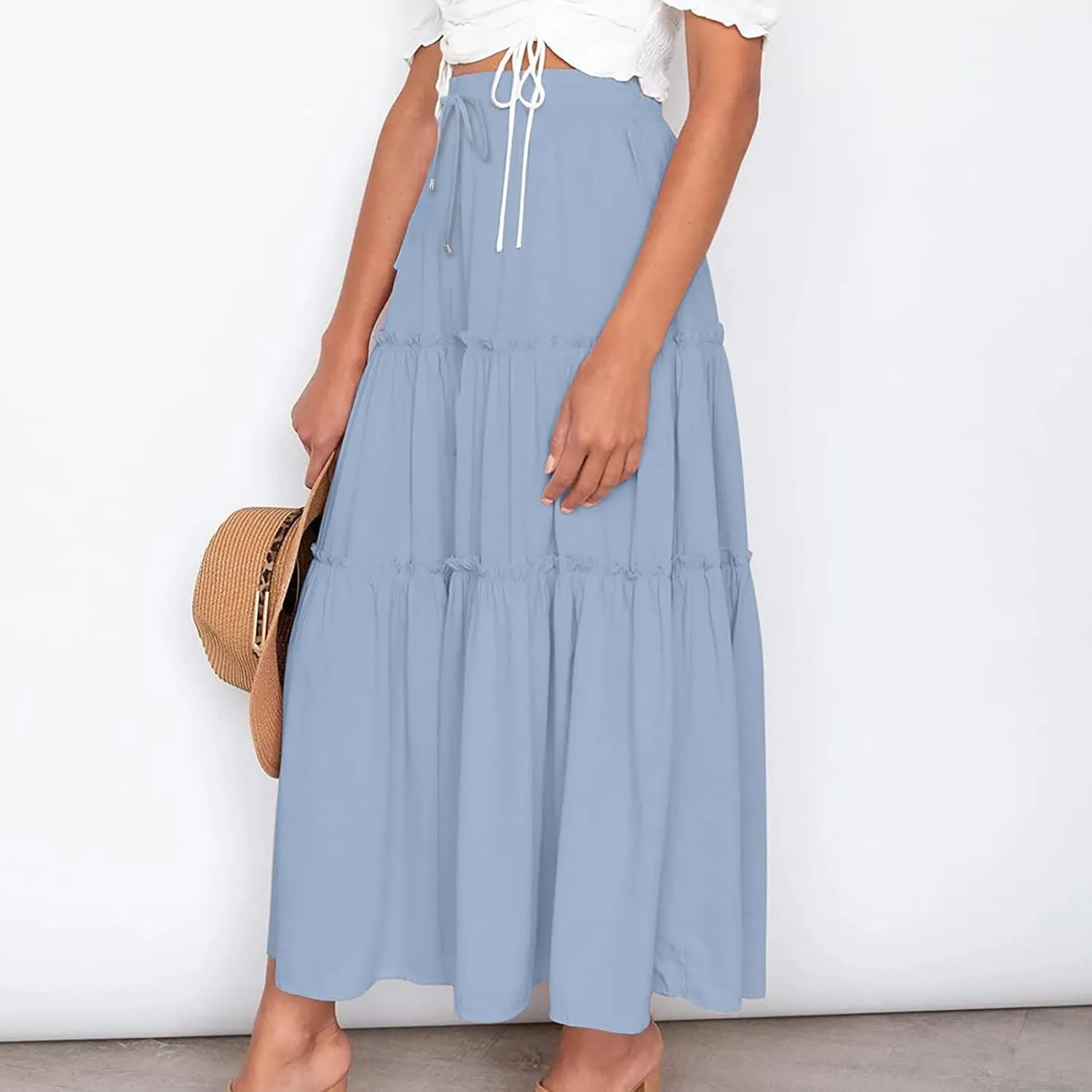 Women High Waisted Maxi Skirt A-Line Pleated Midi Length Flowy Casual Long Skirts Business Work Skirts with Pockets