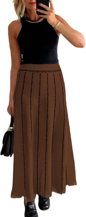 Women Knit Long Skirt Grunge Striped Elastic Waist Knit Skirt Vintage Loose Fit Tassel Y2K Pencil Skirt Dress Streetwear