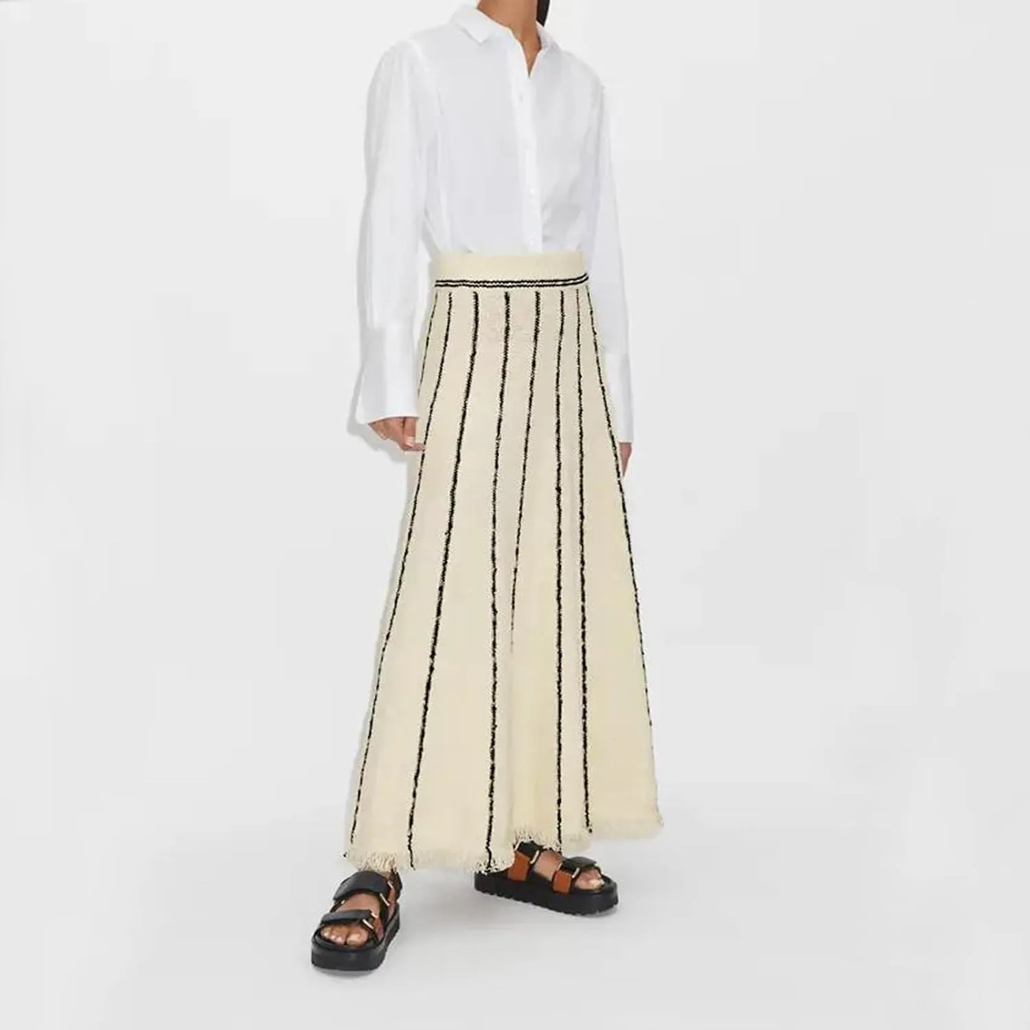 Women Knit Long Skirt Grunge Striped Elastic Waist Knit Skirt Vintage Loose Fit Tassel Y2K Pencil Skirt Dress Streetwear