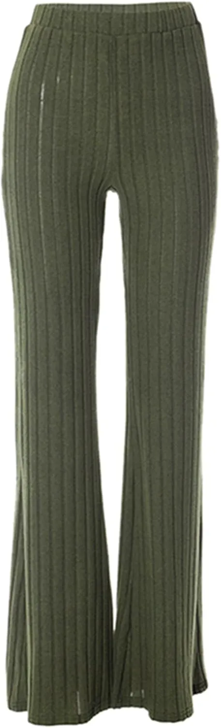Women Knitted High Waist Flared Pants Stretch Solid Color Ribbed Bell Bottoms Elastic Stretchy Yoga Trousers