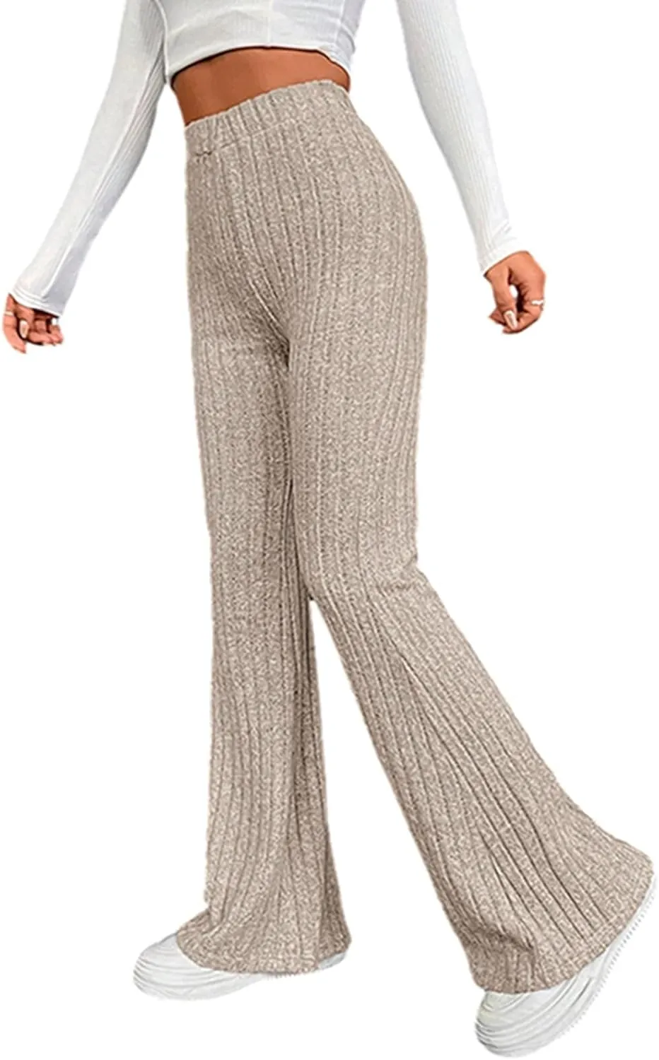Women Knitted High Waist Flared Pants Stretch Solid Color Ribbed Bell Bottoms Elastic Stretchy Yoga Trousers