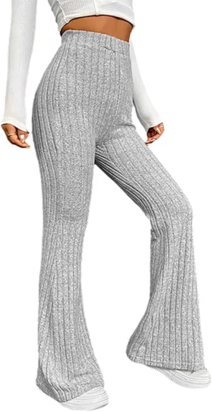 Women Knitted High Waist Flared Pants Stretch Solid Color Ribbed Bell Bottoms Elastic Stretchy Yoga Trousers
