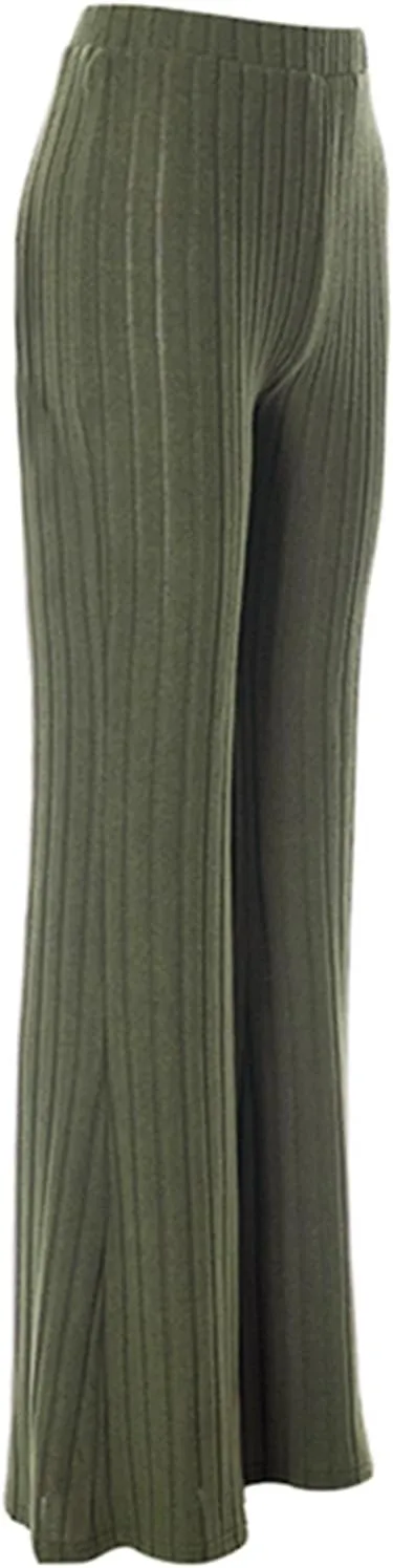 Women Knitted High Waist Flared Pants Stretch Solid Color Ribbed Bell Bottoms Elastic Stretchy Yoga Trousers