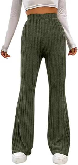 Women Knitted High Waist Flared Pants Stretch Solid Color Ribbed Bell Bottoms Elastic Stretchy Yoga Trousers