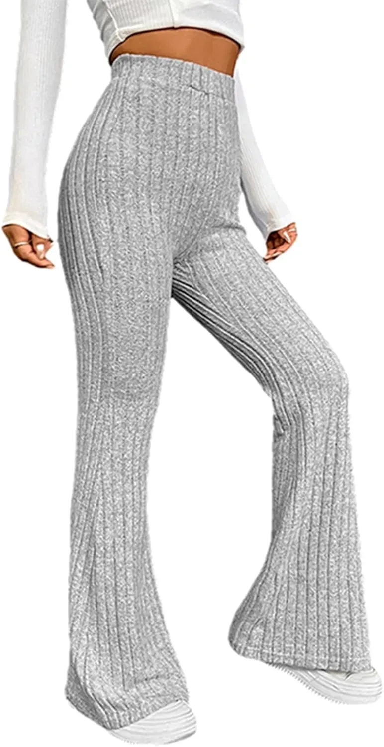 Women Knitted High Waist Flared Pants Stretch Solid Color Ribbed Bell Bottoms Elastic Stretchy Yoga Trousers
