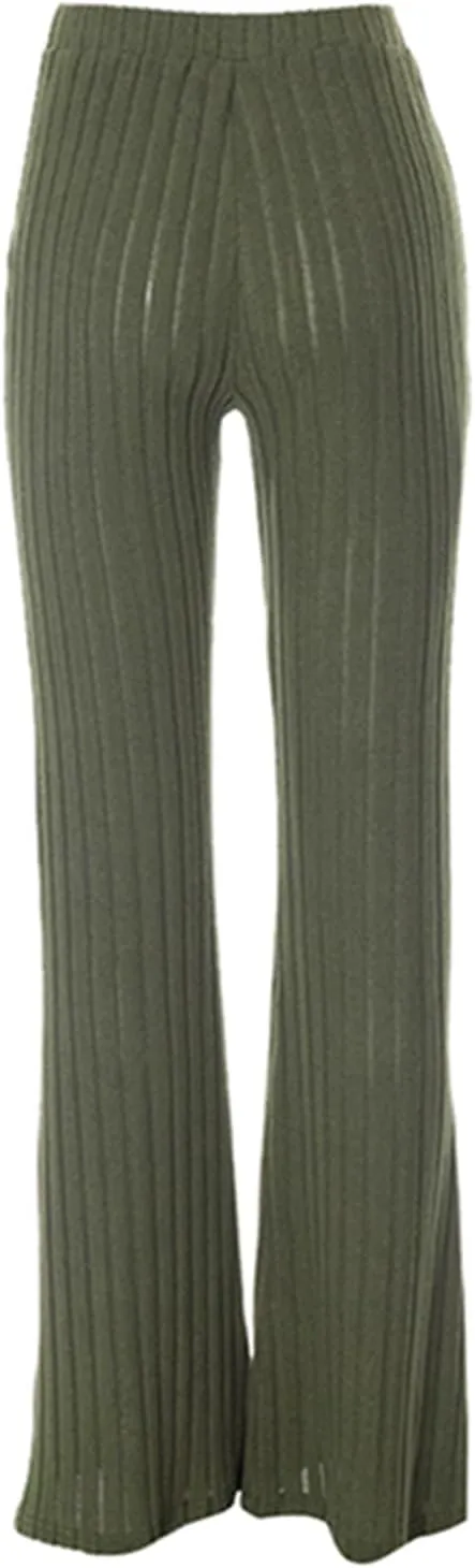 Women Knitted High Waist Flared Pants Stretch Solid Color Ribbed Bell Bottoms Elastic Stretchy Yoga Trousers
