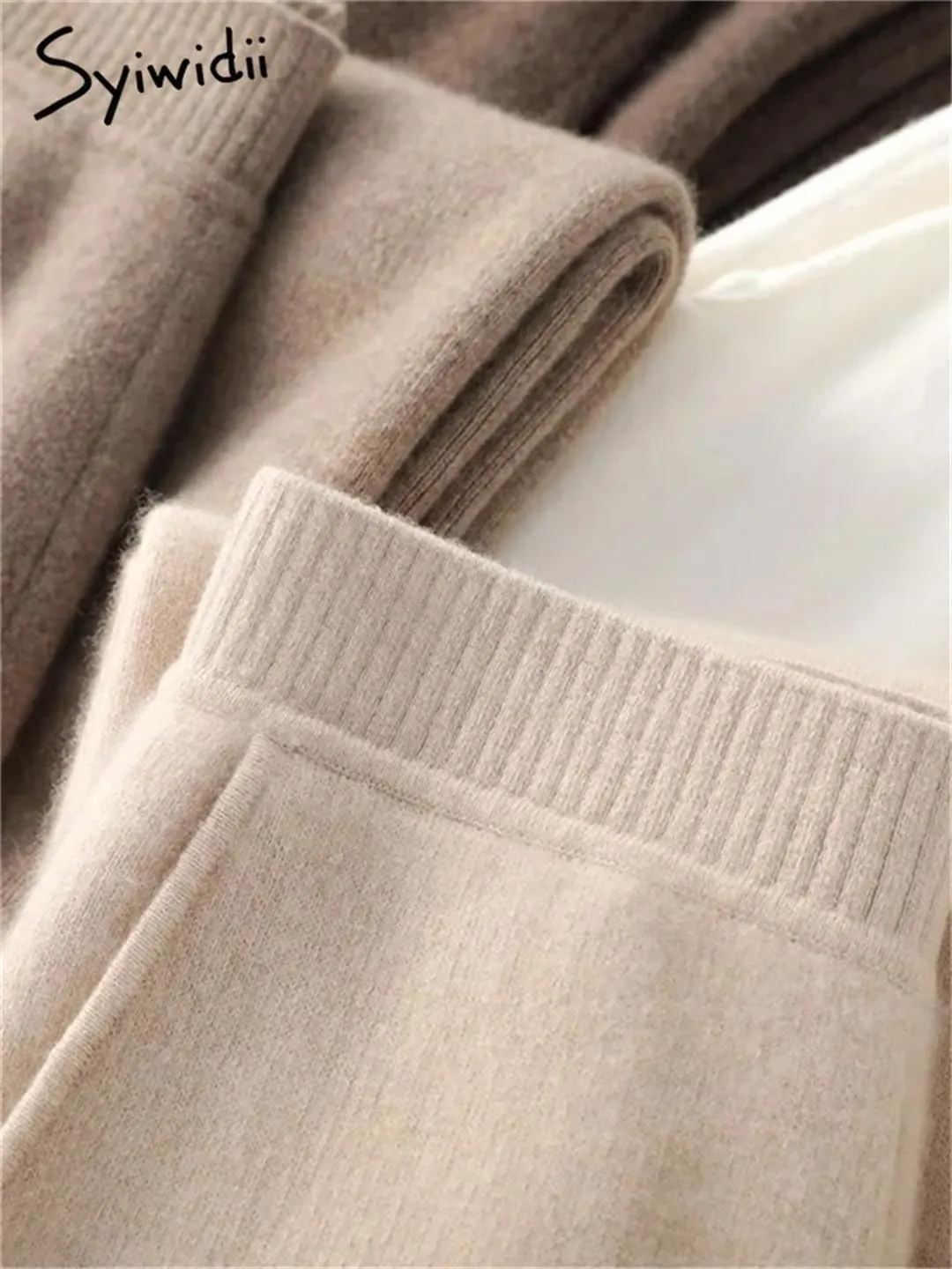 Women Knitted Pants High Waist Wool Wide Leg Sweatpants Straight Loose Trousers