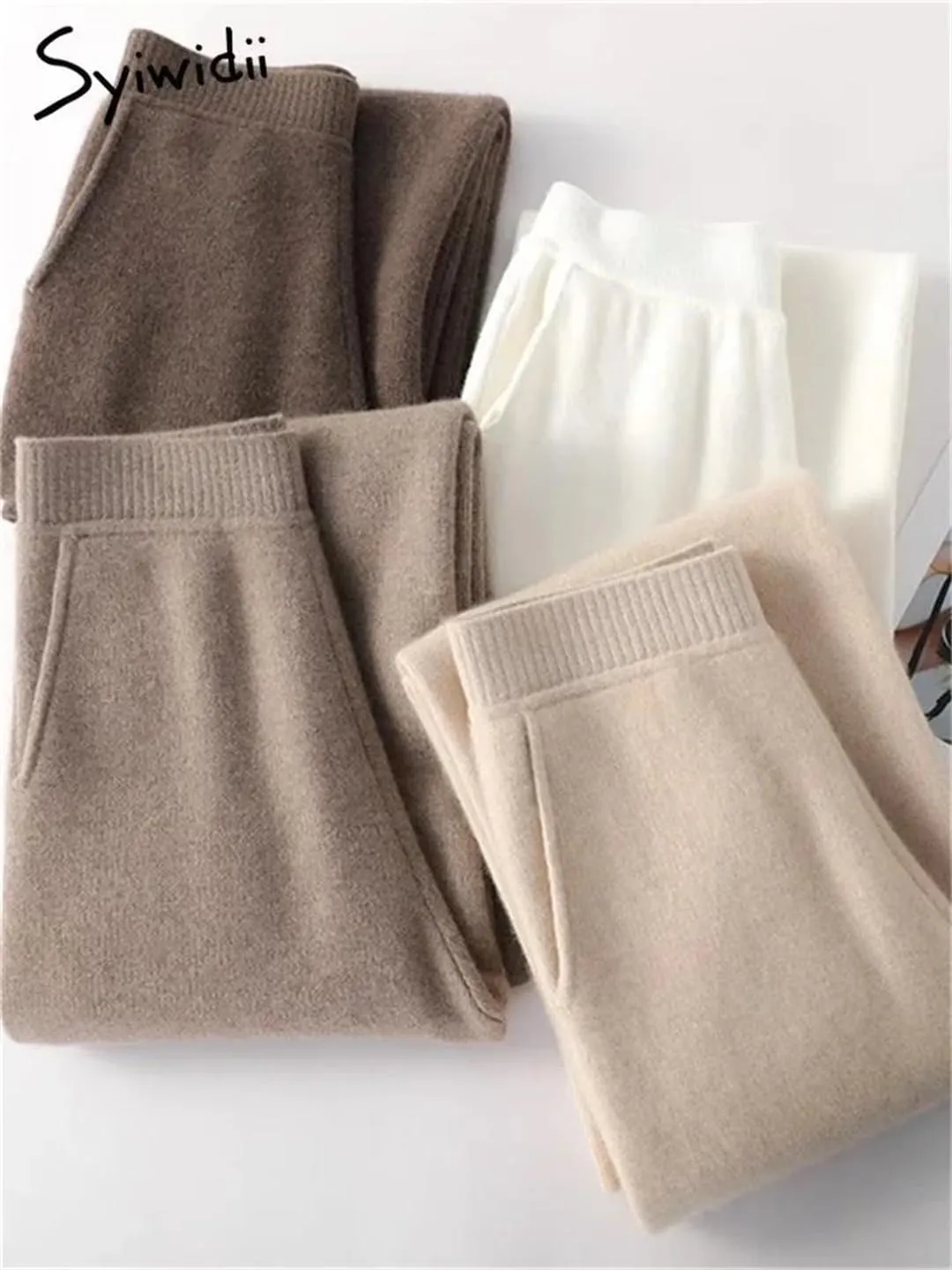 Women Knitted Pants High Waist Wool Wide Leg Sweatpants Straight Loose Trousers