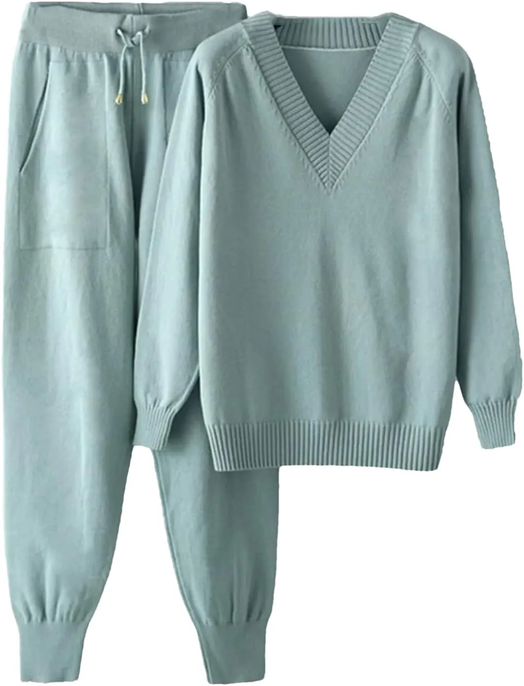 Women Knitted Sport Suits 2-Piece Drawstring Jogging Harem Pants V Neck Pullover Sweater Set
