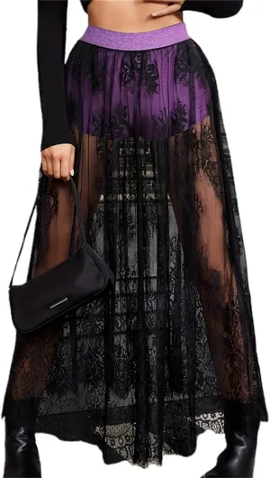 Women Lace/Mesh Maxi Skirt Summer High Waist Sheer See-Through Elastic Long Skirt Y2K Beach Maxi Skirt