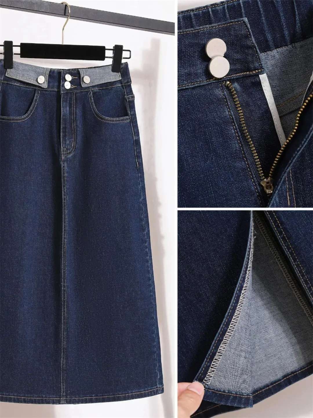 Women Large Size Elastic Waist Denim Skirt Mid-Length High Waisted Contrasting Color Fashionable Split Cowboy Skirt