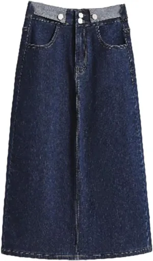 Women Large Size Elastic Waist Denim Skirt Mid-Length High Waisted Contrasting Color Fashionable Split Cowboy Skirt