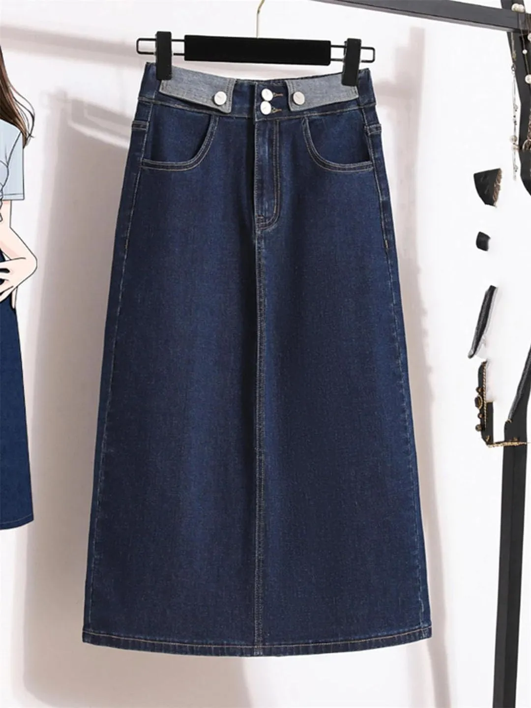 Women Large Size Elastic Waist Denim Skirt Mid-Length High Waisted Contrasting Color Fashionable Split Cowboy Skirt