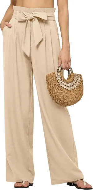 Women Linen Pants 2025 Paperbag Wide Leg Dress Pants High Waisted Work Slacks Tie Knot with Pockets 28"/30"/ 32"