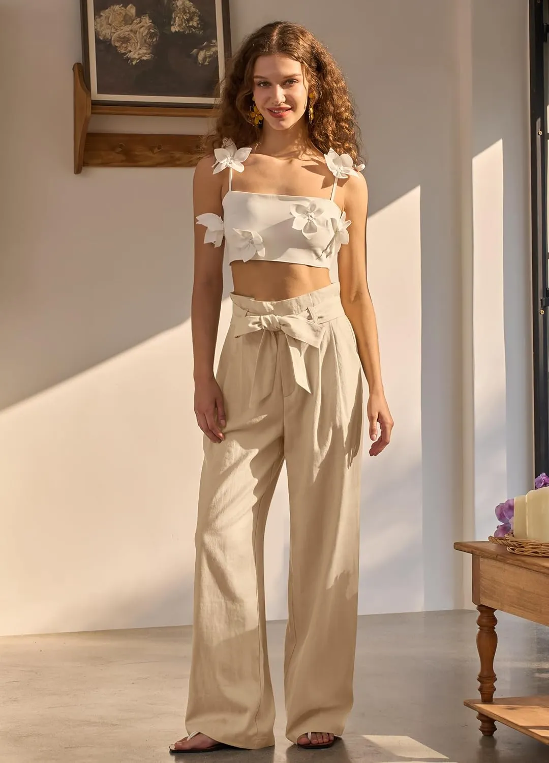 Women Linen Pants 2025 Paperbag Wide Leg Dress Pants High Waisted Work Slacks Tie Knot with Pockets 28"/30"/ 32"
