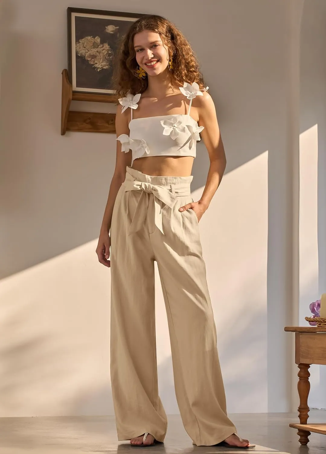 Women Linen Pants 2025 Paperbag Wide Leg Dress Pants High Waisted Work Slacks Tie Knot with Pockets 28"/30"/ 32"