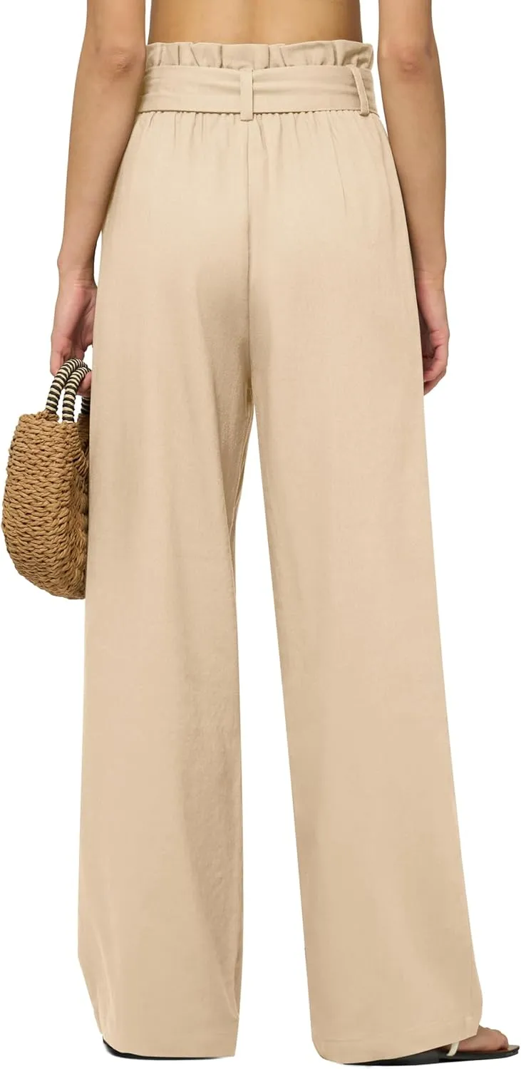 Women Linen Pants 2025 Paperbag Wide Leg Dress Pants High Waisted Work Slacks Tie Knot with Pockets 28"/30"/ 32"