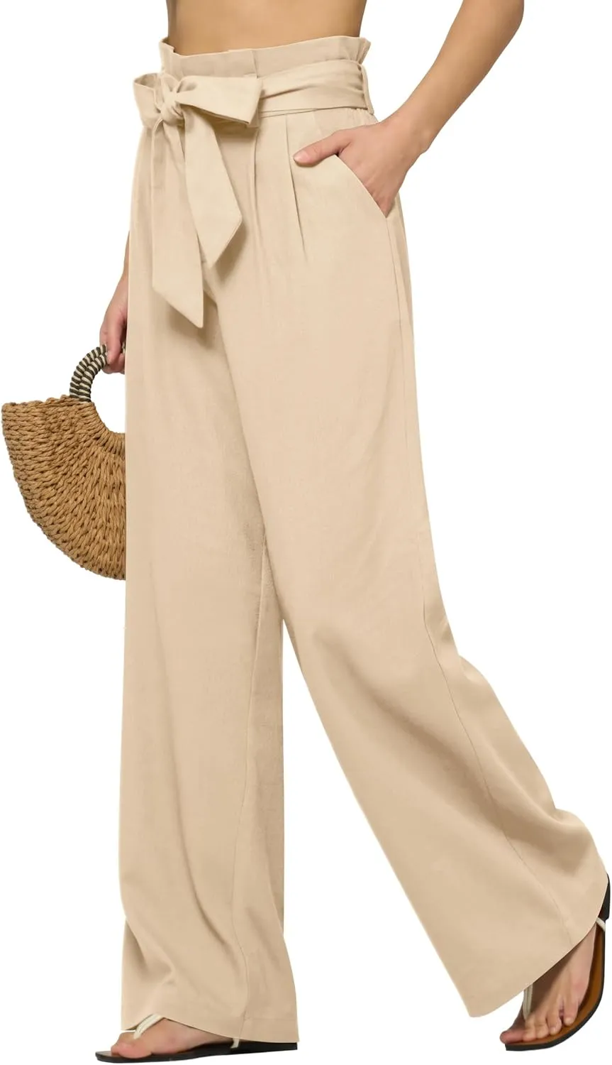 Women Linen Pants 2025 Paperbag Wide Leg Dress Pants High Waisted Work Slacks Tie Knot with Pockets 28"/30"/ 32"
