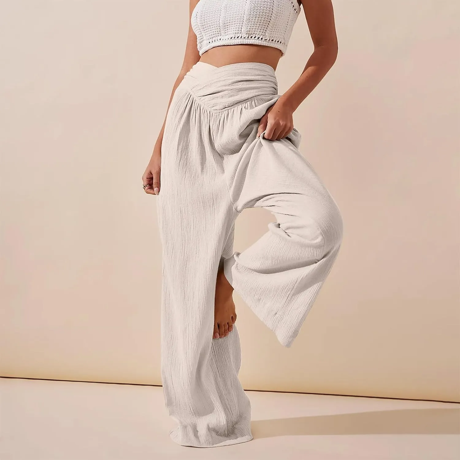 Women Linen Pants Crossover Wide Leg Pants Dressy Palazzo Pants Summer Boho Pants with Pocket Casual Lounge Pant