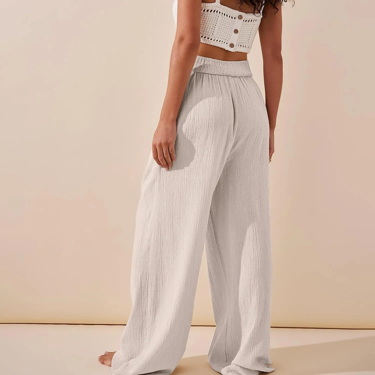 Women Linen Pants Crossover Wide Leg Pants Dressy Palazzo Pants Summer Boho Pants with Pocket Casual Lounge Pant