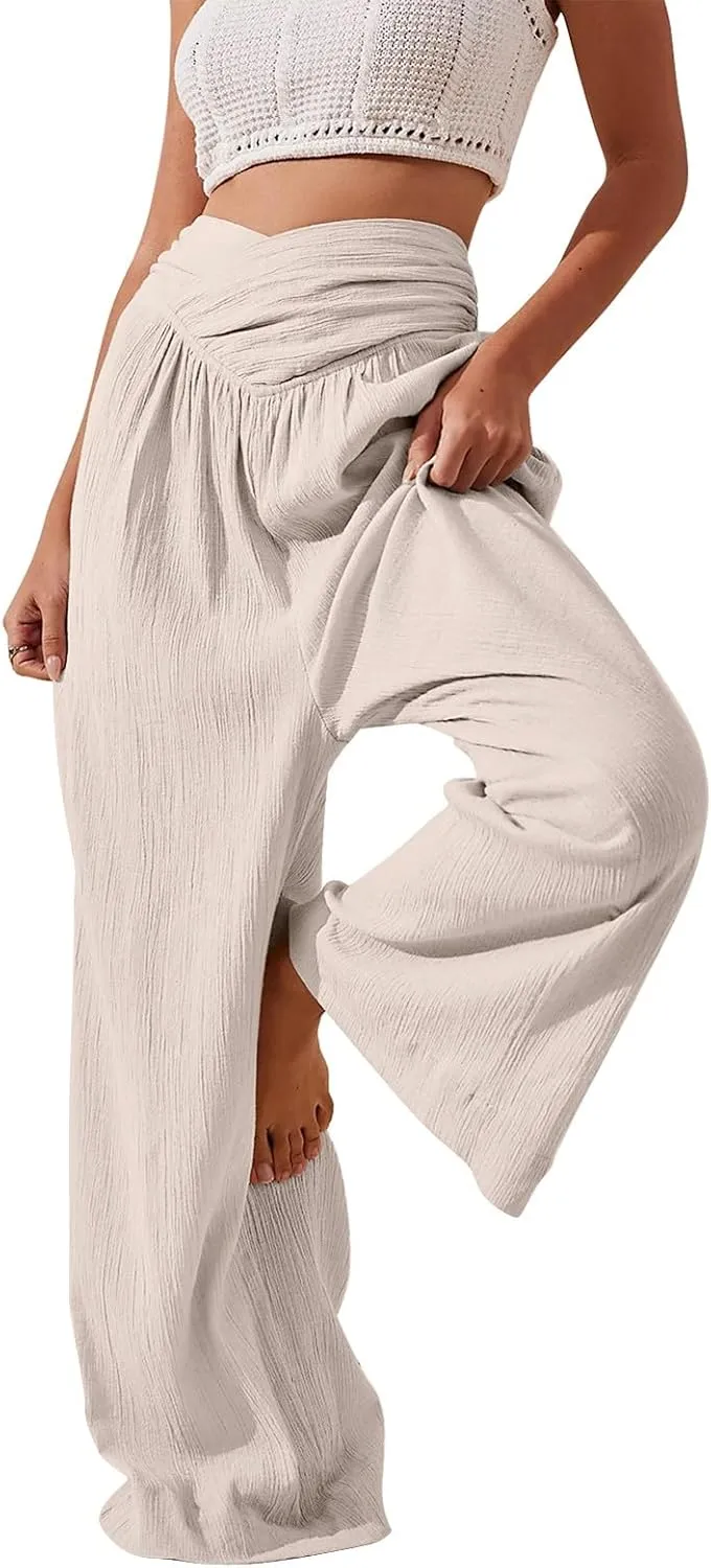 Women Linen Pants Crossover Wide Leg Pants Dressy Palazzo Pants Summer Boho Pants with Pocket Casual Lounge Pant