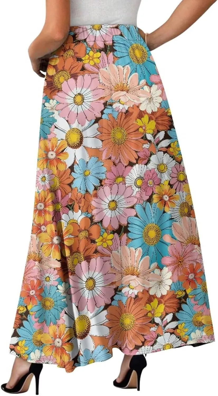 Women Long Skirts with Pockets Bohemian Casual Flowy High Waisted Ankle Length Maxi Skirt for Party Prom