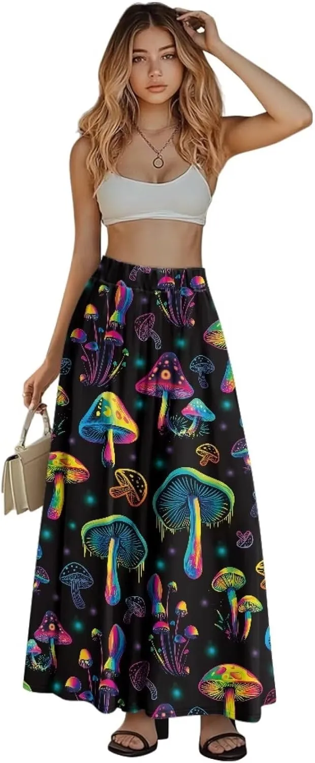Women Long Skirts with Pockets Bohemian Casual Flowy High Waisted Ankle Length Maxi Skirt for Party Prom