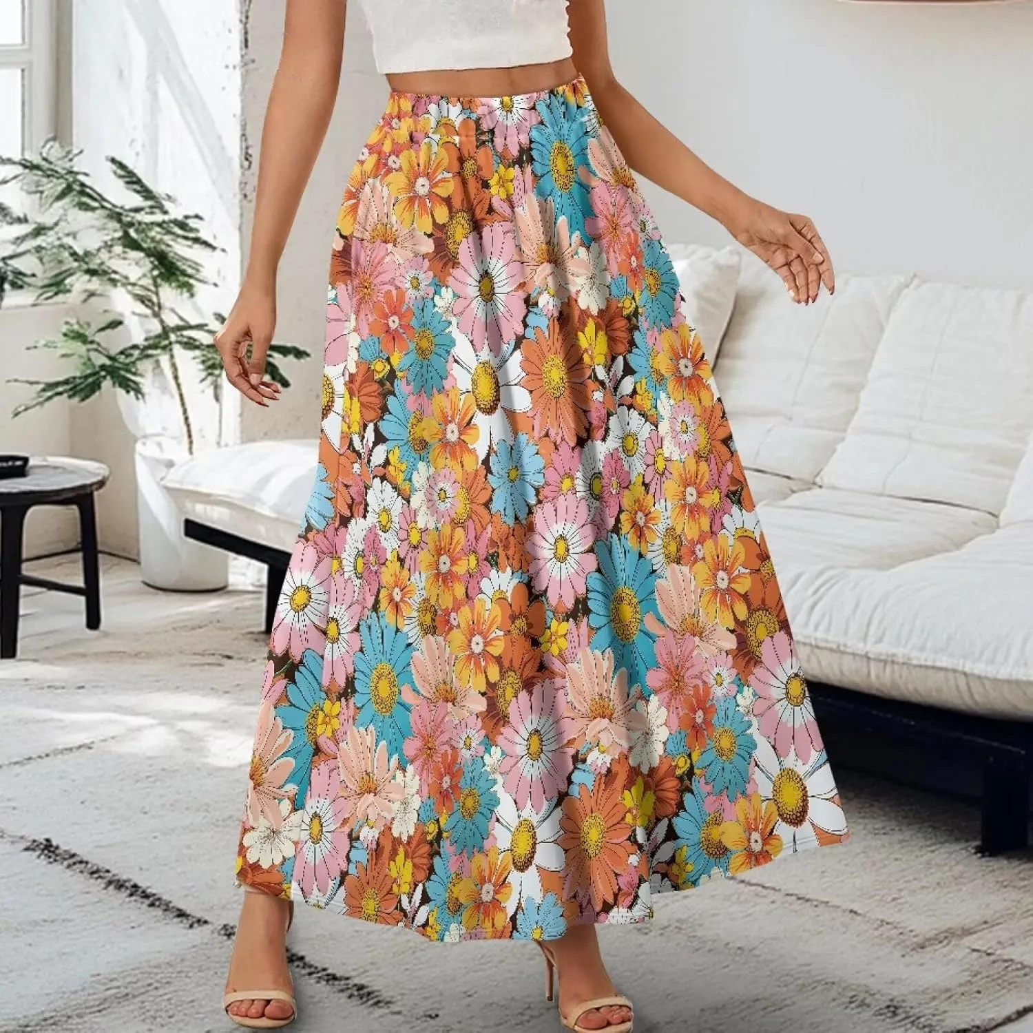 Women Long Skirts with Pockets Bohemian Casual Flowy High Waisted Ankle Length Maxi Skirt for Party Prom
