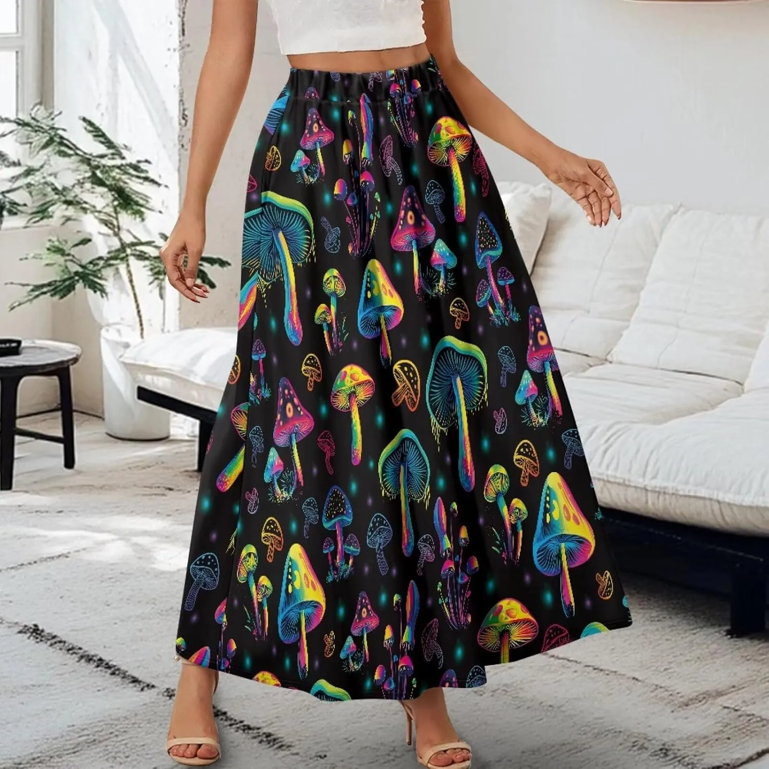 Women Long Skirts with Pockets Bohemian Casual Flowy High Waisted Ankle Length Maxi Skirt for Party Prom