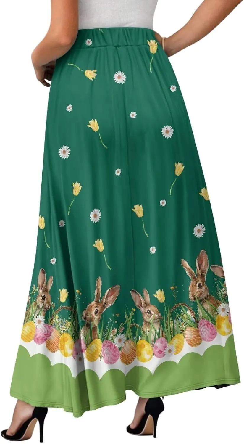 Women Long Skirts with Pockets Bohemian Casual Flowy High Waisted Ankle Length Maxi Skirt for Party Prom