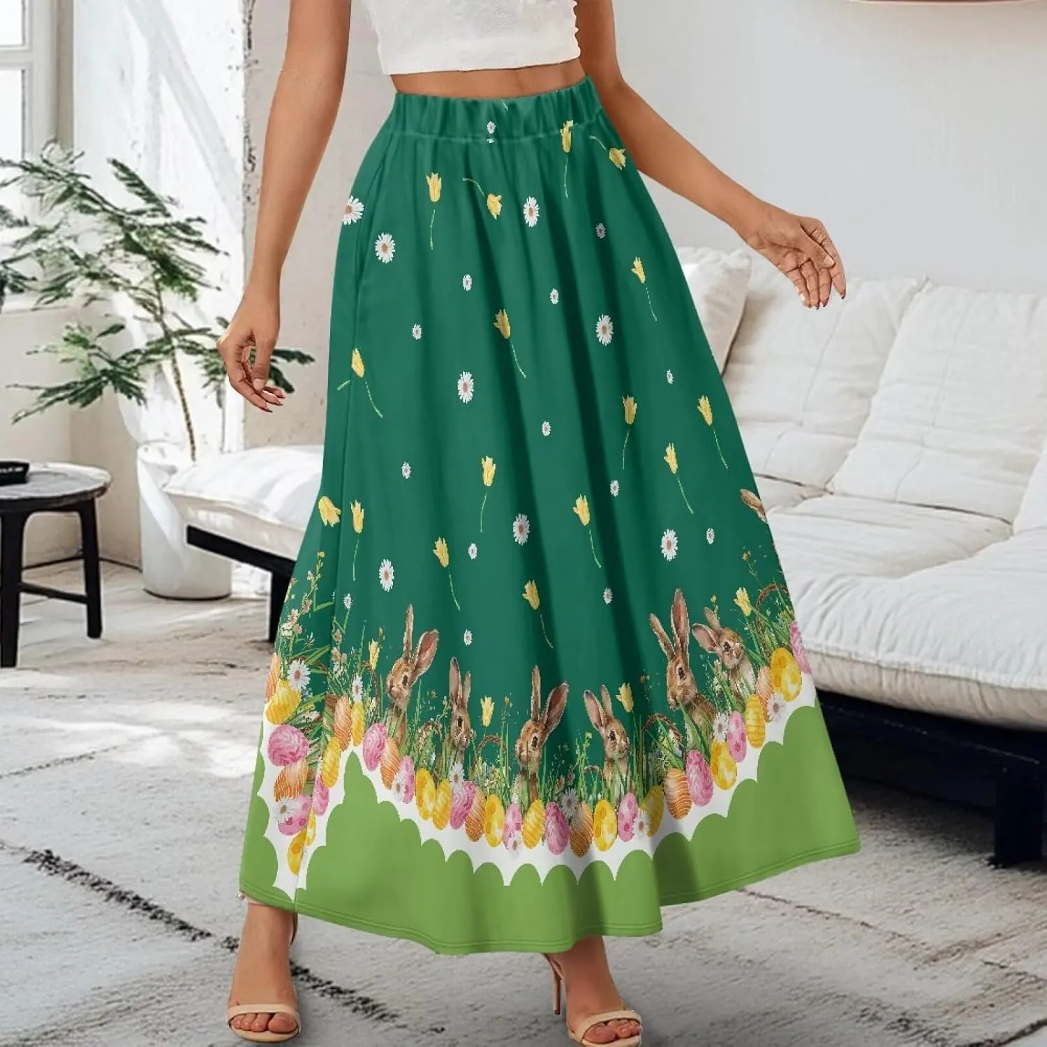 Women Long Skirts with Pockets Bohemian Casual Flowy High Waisted Ankle Length Maxi Skirt for Party Prom
