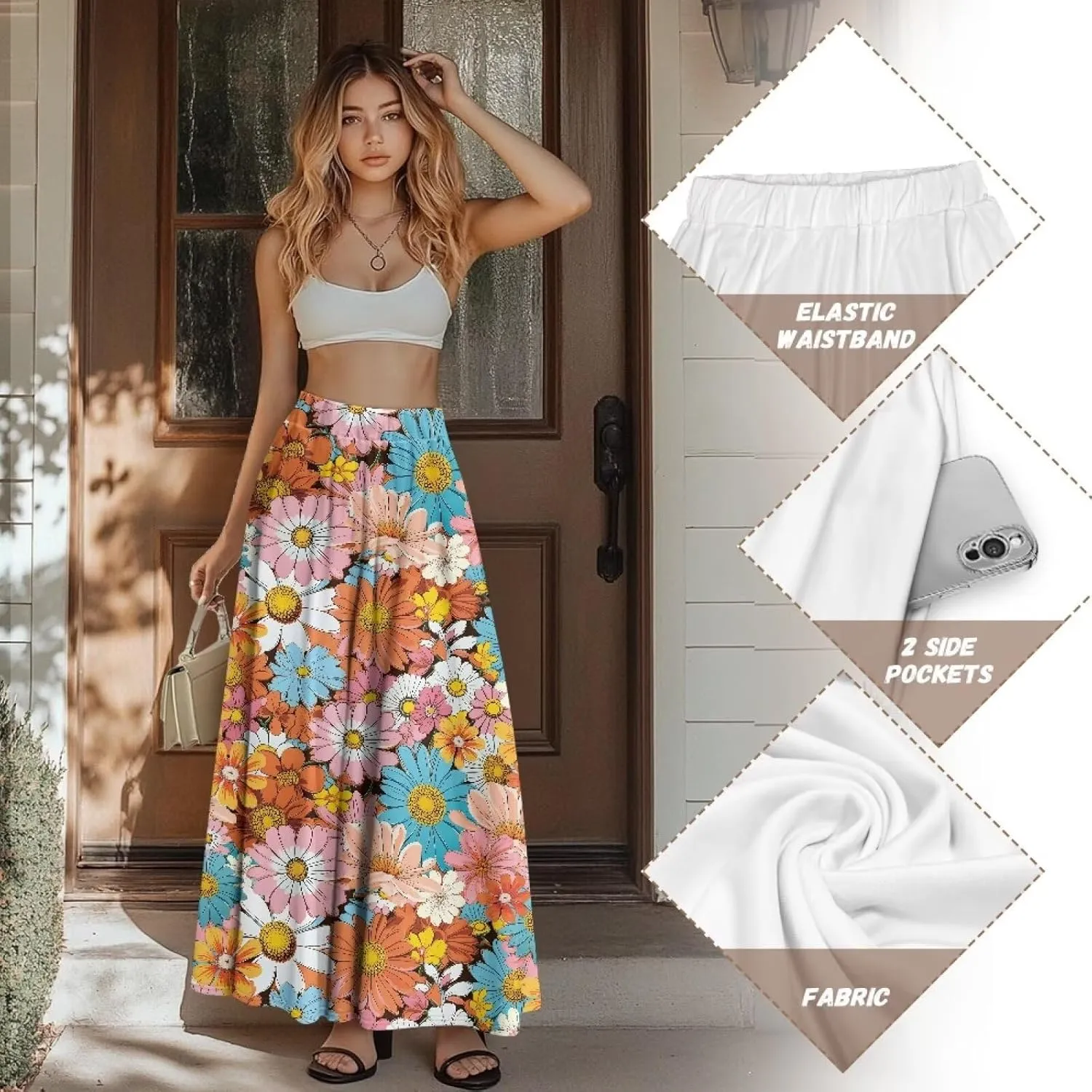Women Long Skirts with Pockets Bohemian Casual Flowy High Waisted Ankle Length Maxi Skirt for Party Prom