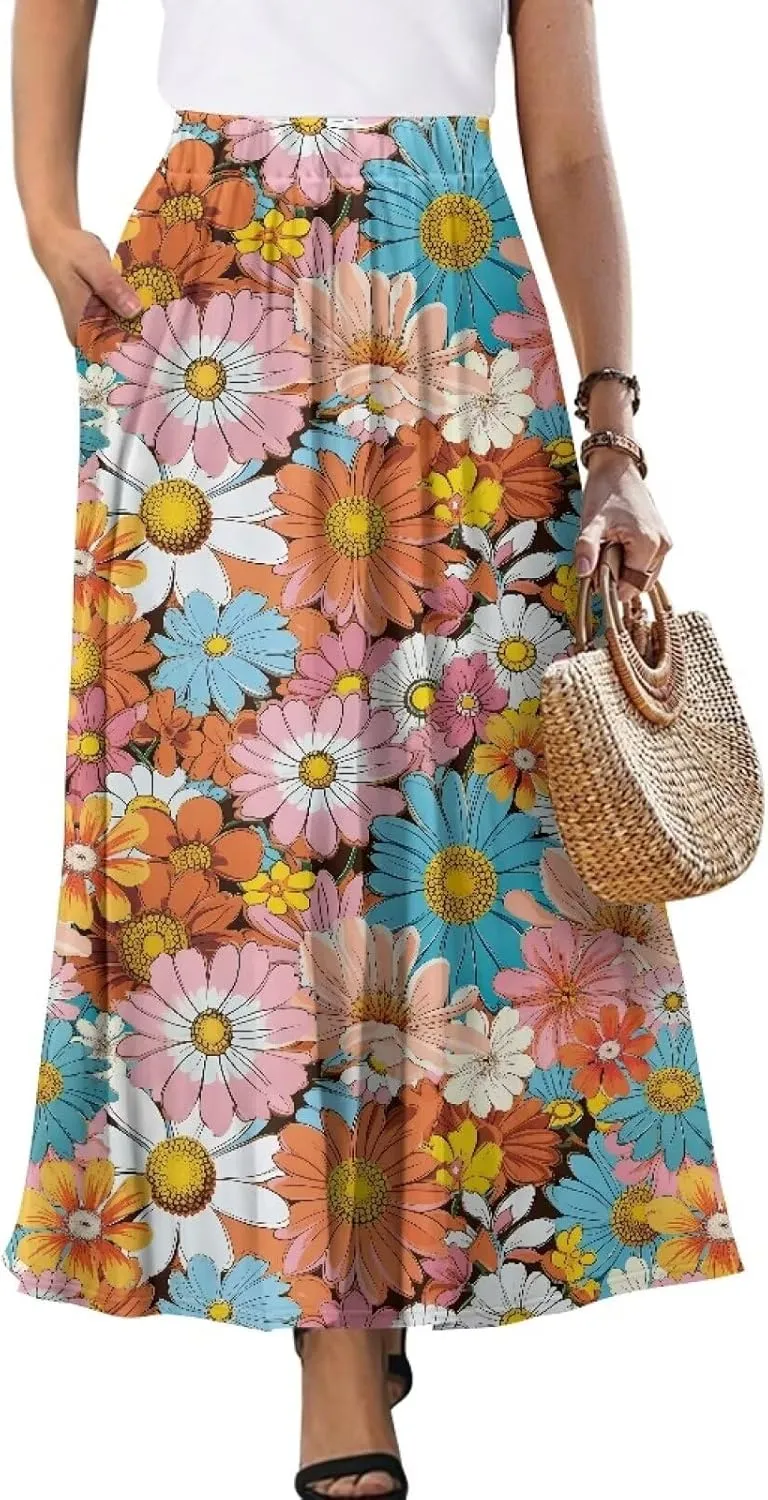 Women Long Skirts with Pockets Bohemian Casual Flowy High Waisted Ankle Length Maxi Skirt for Party Prom