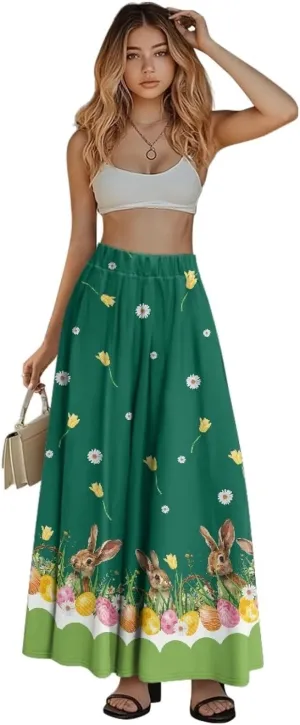 Women Long Skirts with Pockets Bohemian Casual Flowy High Waisted Ankle Length Maxi Skirt for Party Prom