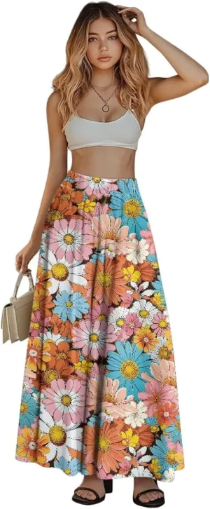 Women Long Skirts with Pockets Bohemian Casual Flowy High Waisted Ankle Length Maxi Skirt for Party Prom