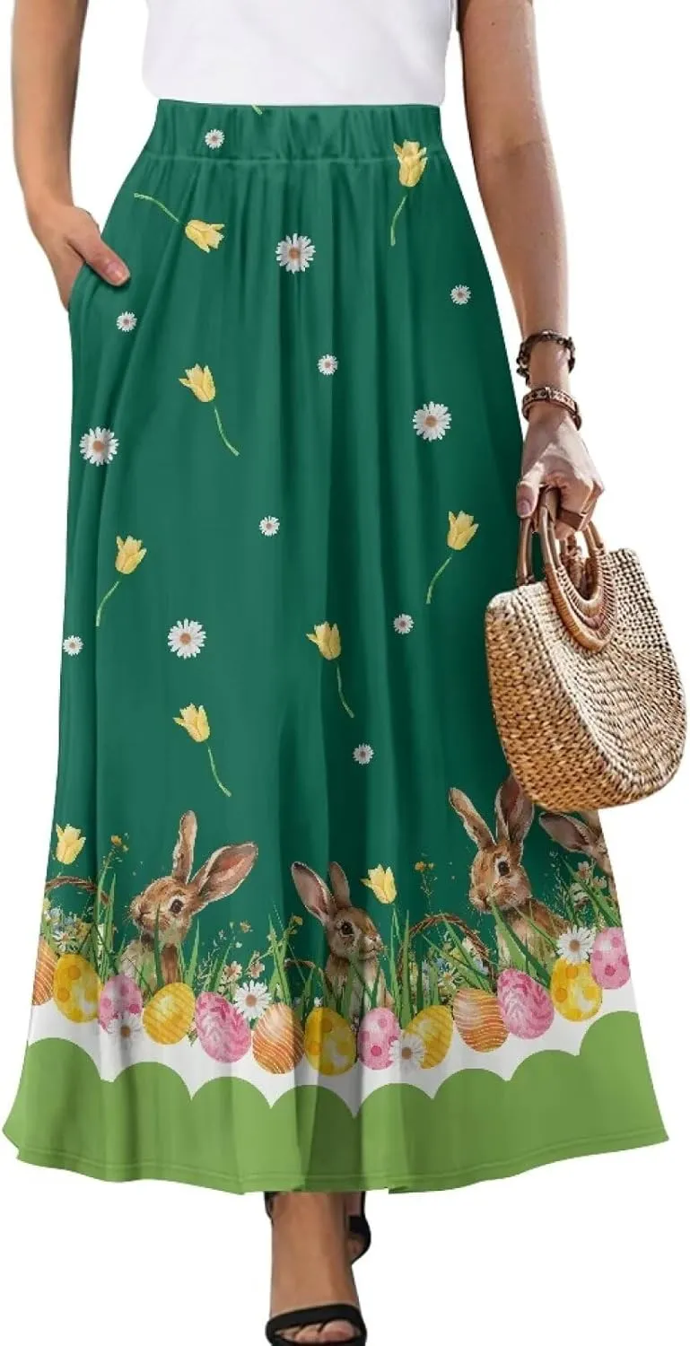 Women Long Skirts with Pockets Bohemian Casual Flowy High Waisted Ankle Length Maxi Skirt for Party Prom