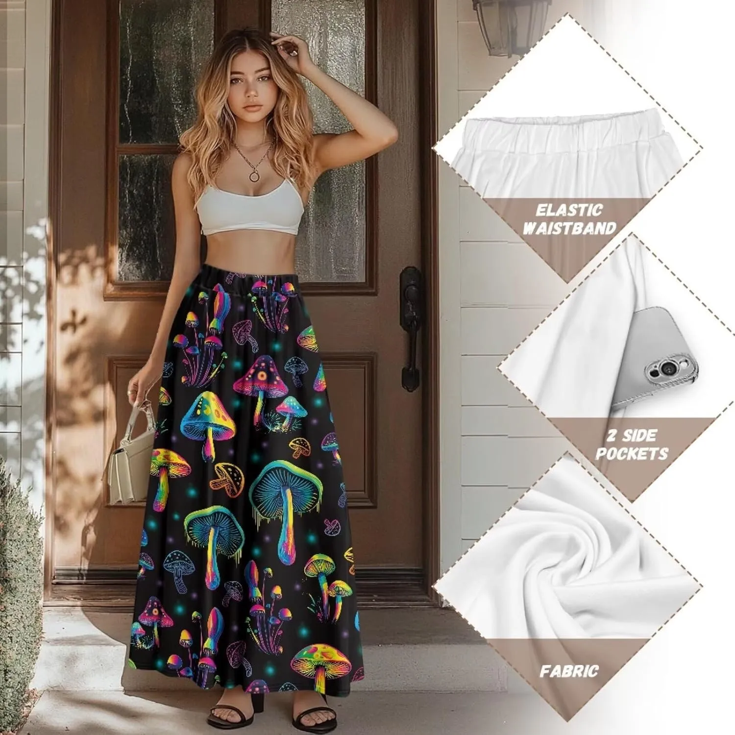 Women Long Skirts with Pockets Bohemian Casual Flowy High Waisted Ankle Length Maxi Skirt for Party Prom