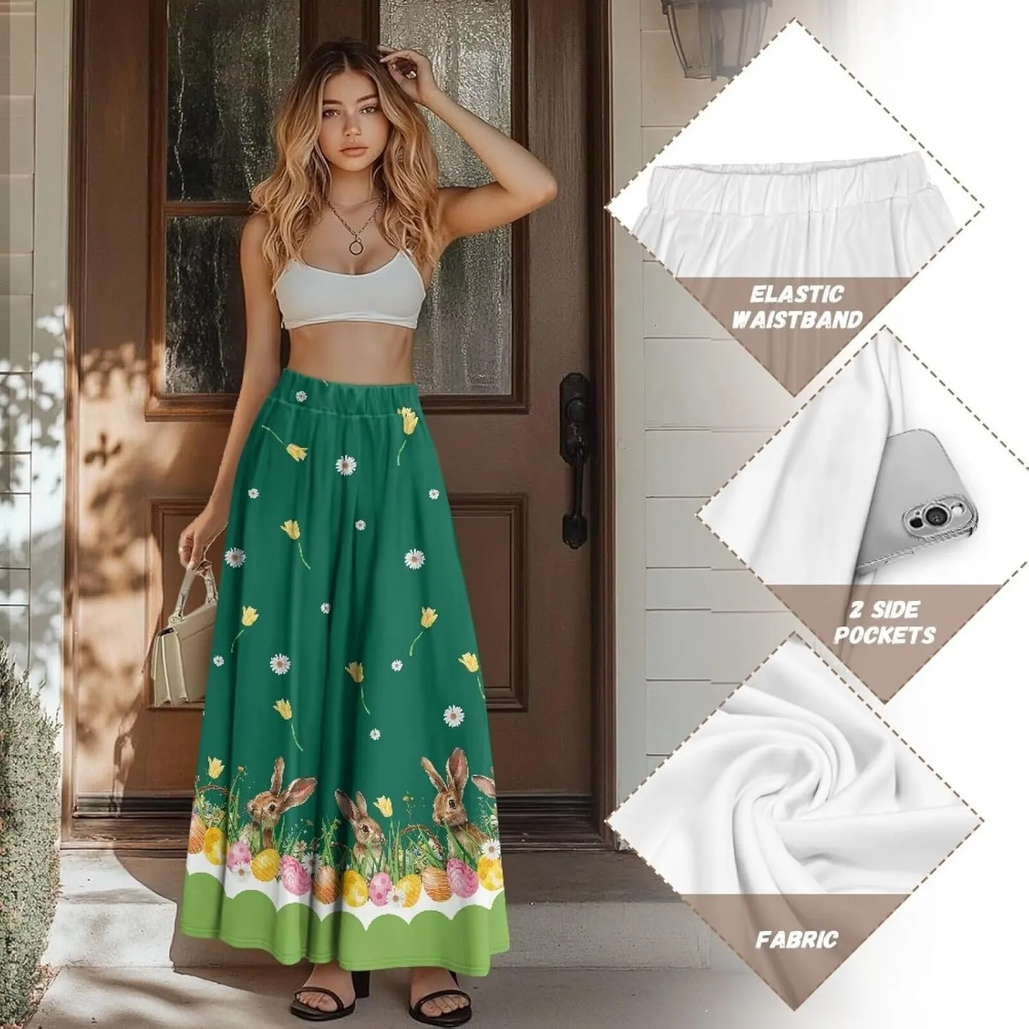 Women Long Skirts with Pockets Bohemian Casual Flowy High Waisted Ankle Length Maxi Skirt for Party Prom