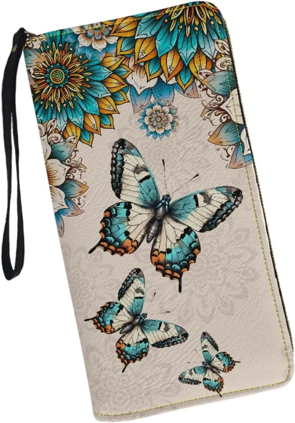 Women Long Wristlet Wallet Butterfly Boho Mandala Floral Print Large Capacity Long Cell Phone Stylish Purse for Travel,Business,Zip Around Clutch Purse Credit Card,Cash,Coin,Bill Organizer