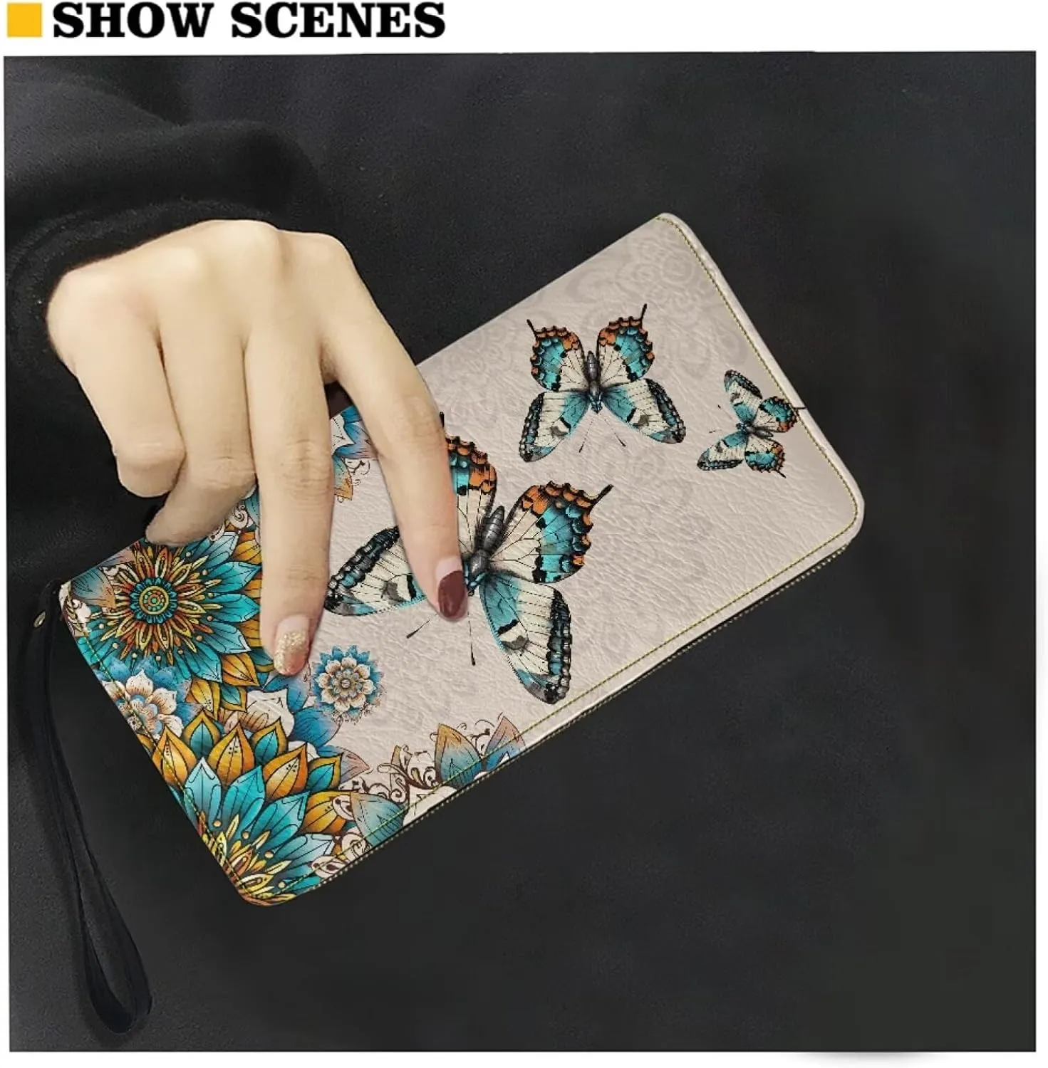 Women Long Wristlet Wallet Butterfly Boho Mandala Floral Print Large Capacity Long Cell Phone Stylish Purse for Travel,Business,Zip Around Clutch Purse Credit Card,Cash,Coin,Bill Organizer
