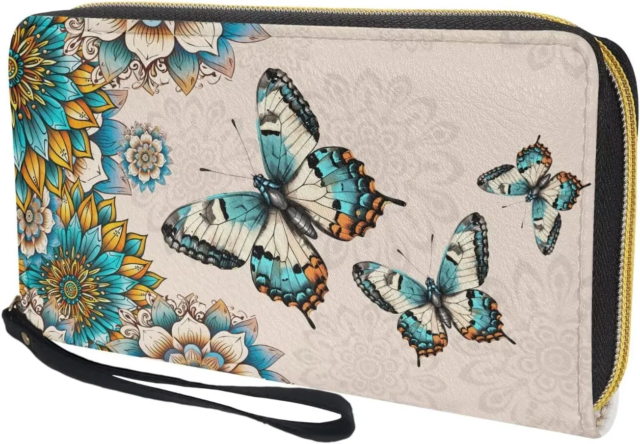 Women Long Wristlet Wallet Butterfly Boho Mandala Floral Print Large Capacity Long Cell Phone Stylish Purse for Travel,Business,Zip Around Clutch Purse Credit Card,Cash,Coin,Bill Organizer