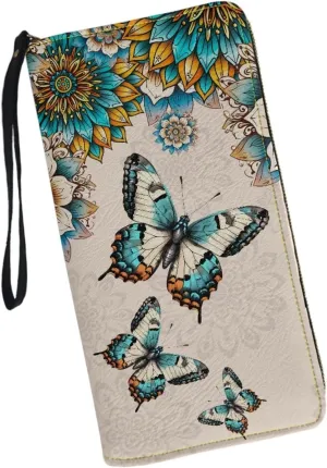 Women Long Wristlet Wallet Butterfly Boho Mandala Floral Print Large Capacity Long Cell Phone Stylish Purse for Travel,Business,Zip Around Clutch Purse Credit Card,Cash,Coin,Bill Organizer