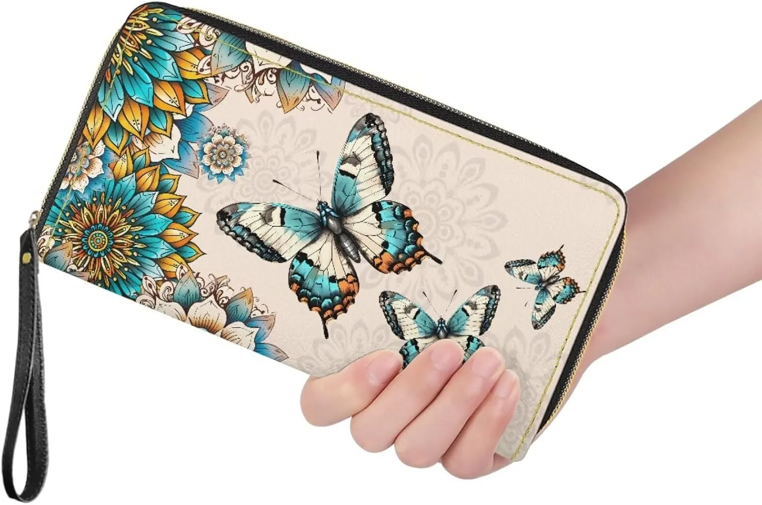 Women Long Wristlet Wallet Butterfly Boho Mandala Floral Print Large Capacity Long Cell Phone Stylish Purse for Travel,Business,Zip Around Clutch Purse Credit Card,Cash,Coin,Bill Organizer