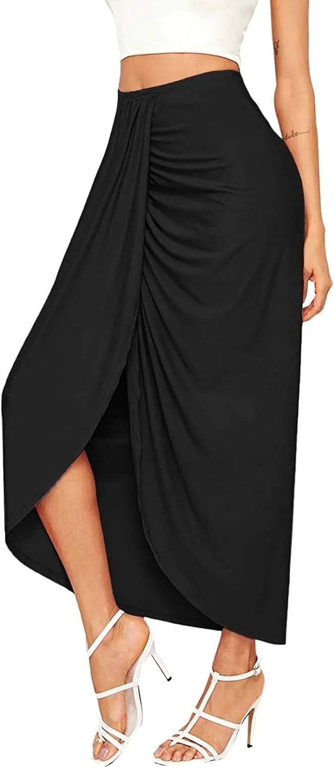 Women Maxi Long Skirt Beach Skirt Maxi Solid Draped Slit High Elastic Women's Casual Skirt Wrap Tennis Skirt