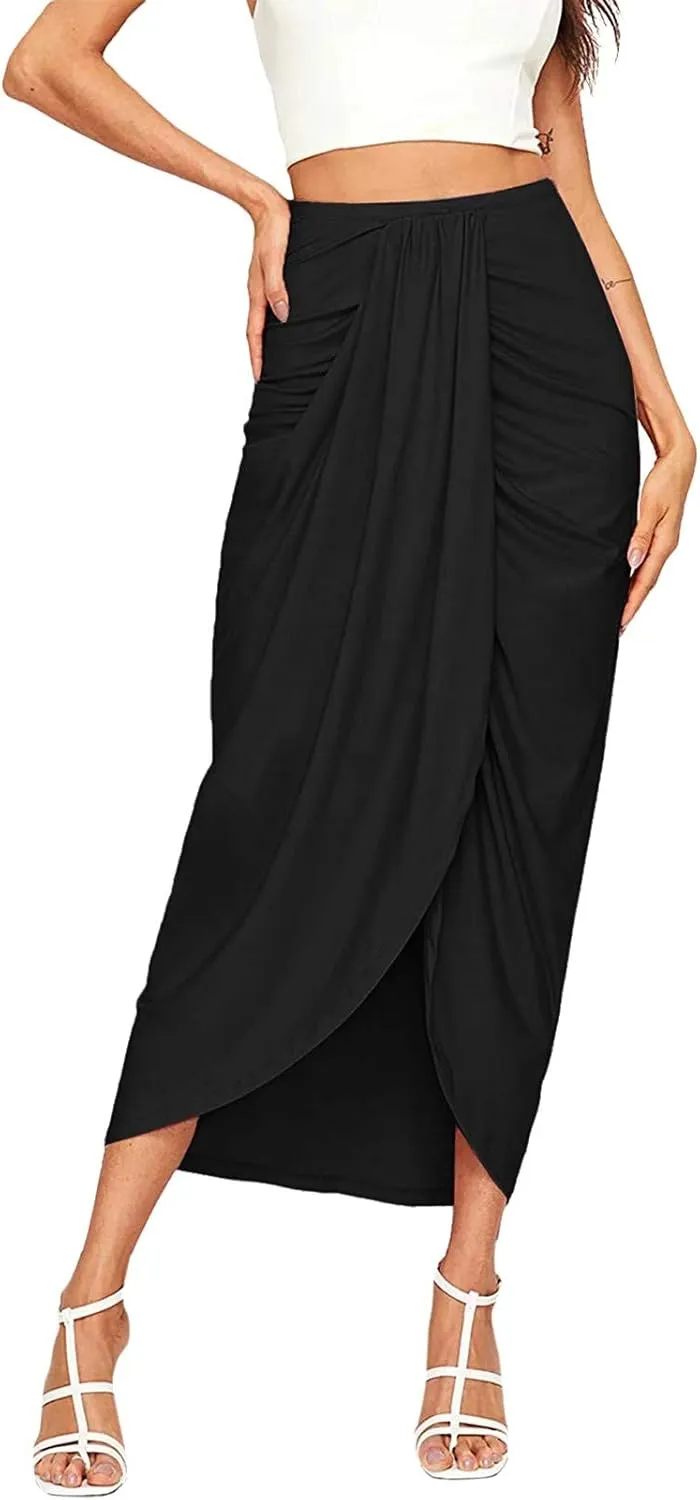 Women Maxi Long Skirt Beach Skirt Maxi Solid Draped Slit High Elastic Women's Casual Skirt Wrap Tennis Skirt