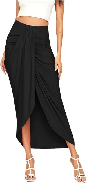 Women Maxi Long Skirt Beach Skirt Maxi Solid Draped Slit High Elastic Women's Casual Skirt Wrap Tennis Skirt