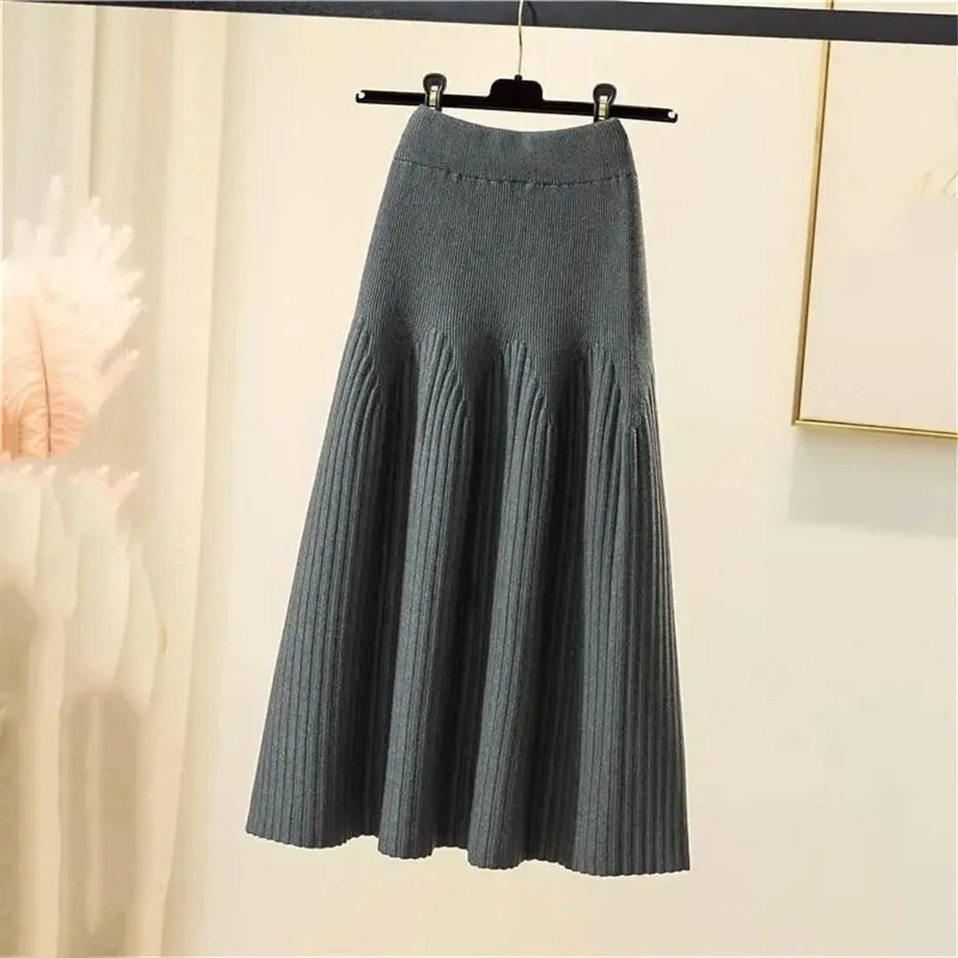Women Mid-Length Solid Color A-Line Skirt Autumn and Winter All-Match Knitted Pleated Half-Length Skirt