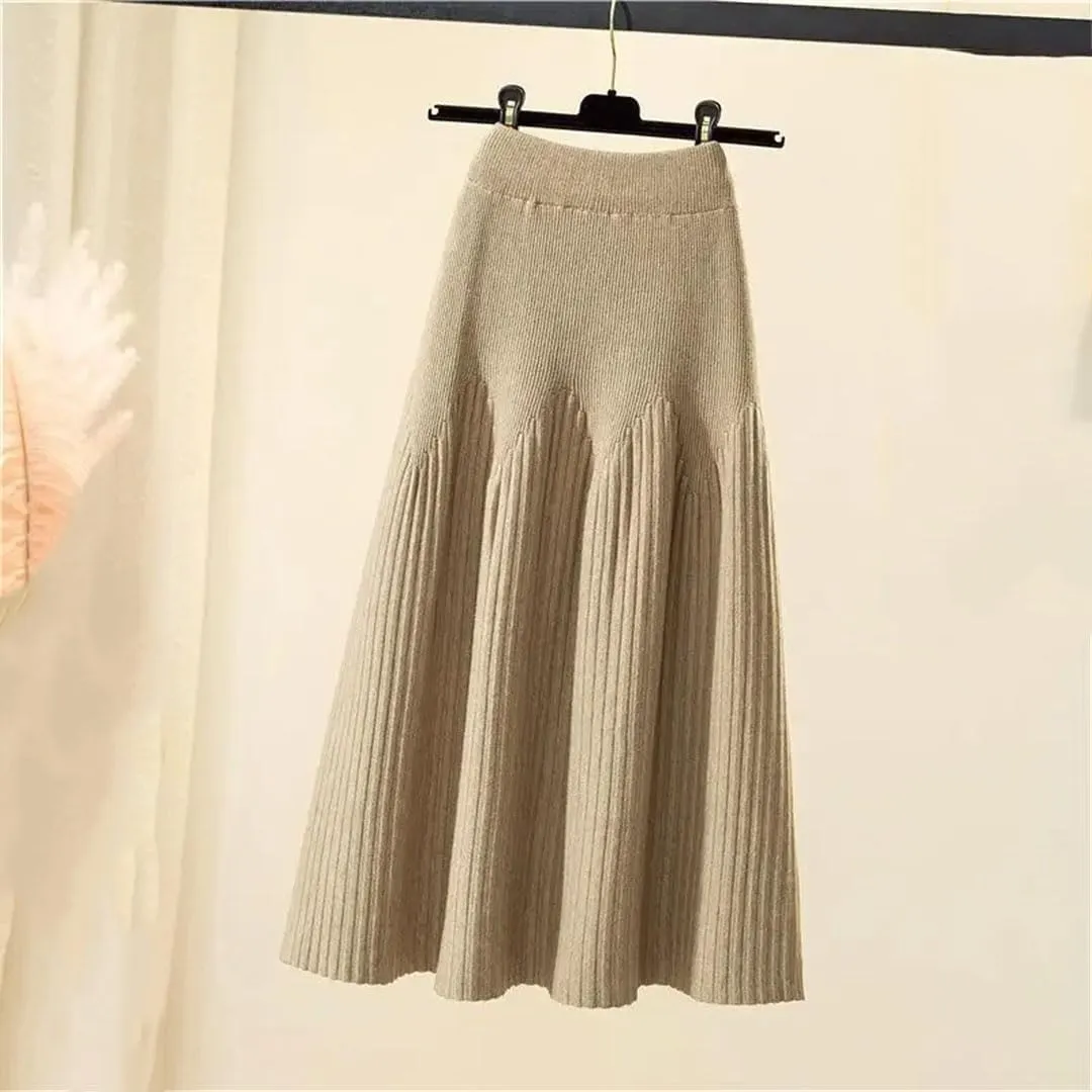 Women Mid-Length Solid Color A-Line Skirt Autumn and Winter All-Match Knitted Pleated Half-Length Skirt